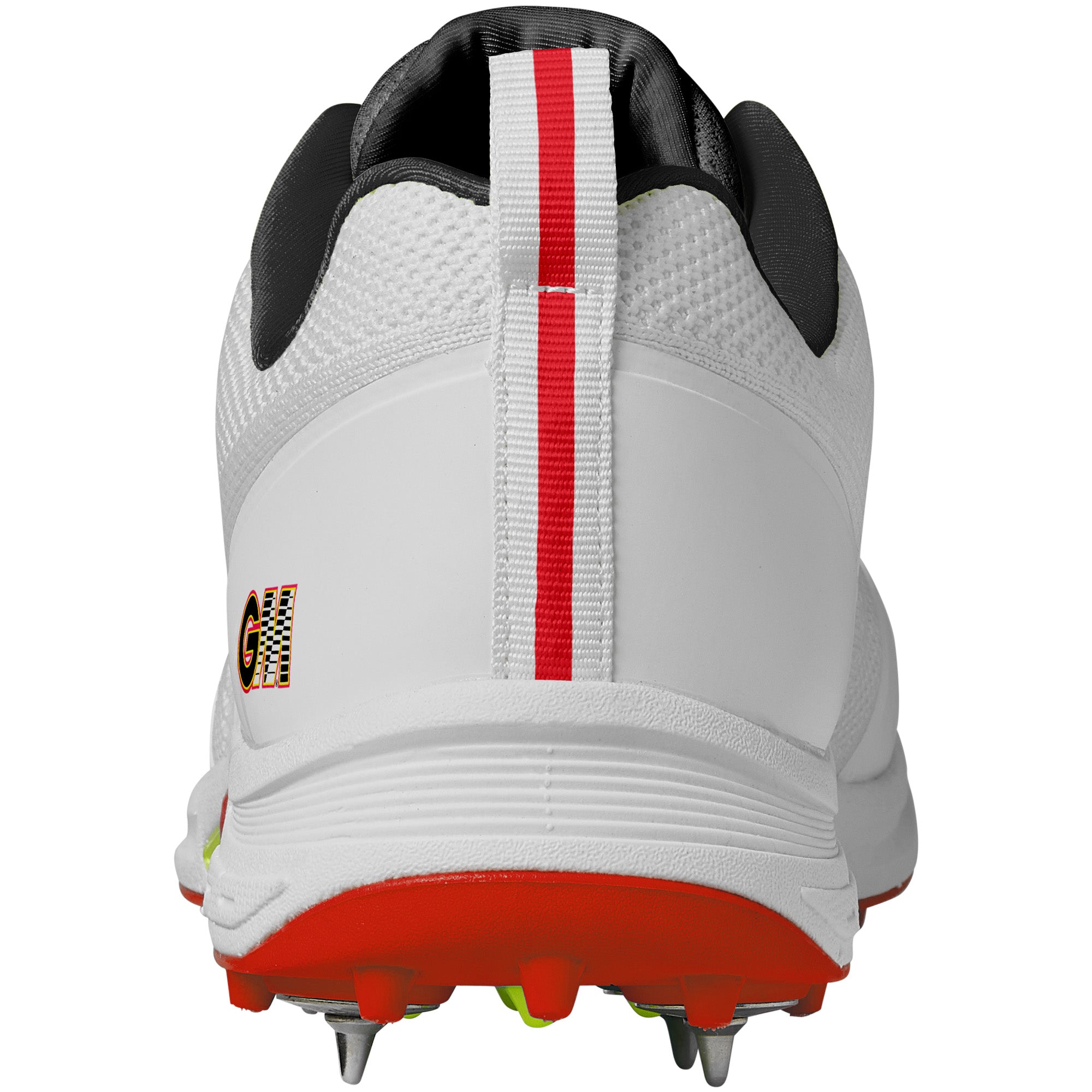 A rear view of the Gunn & Moore Rival Cricket Spikes, a high-performance white shoe by Gunn & Moore, featuring a red back stripe, black collar, orange and black heel lettering, and a red steel-spiked outsole.