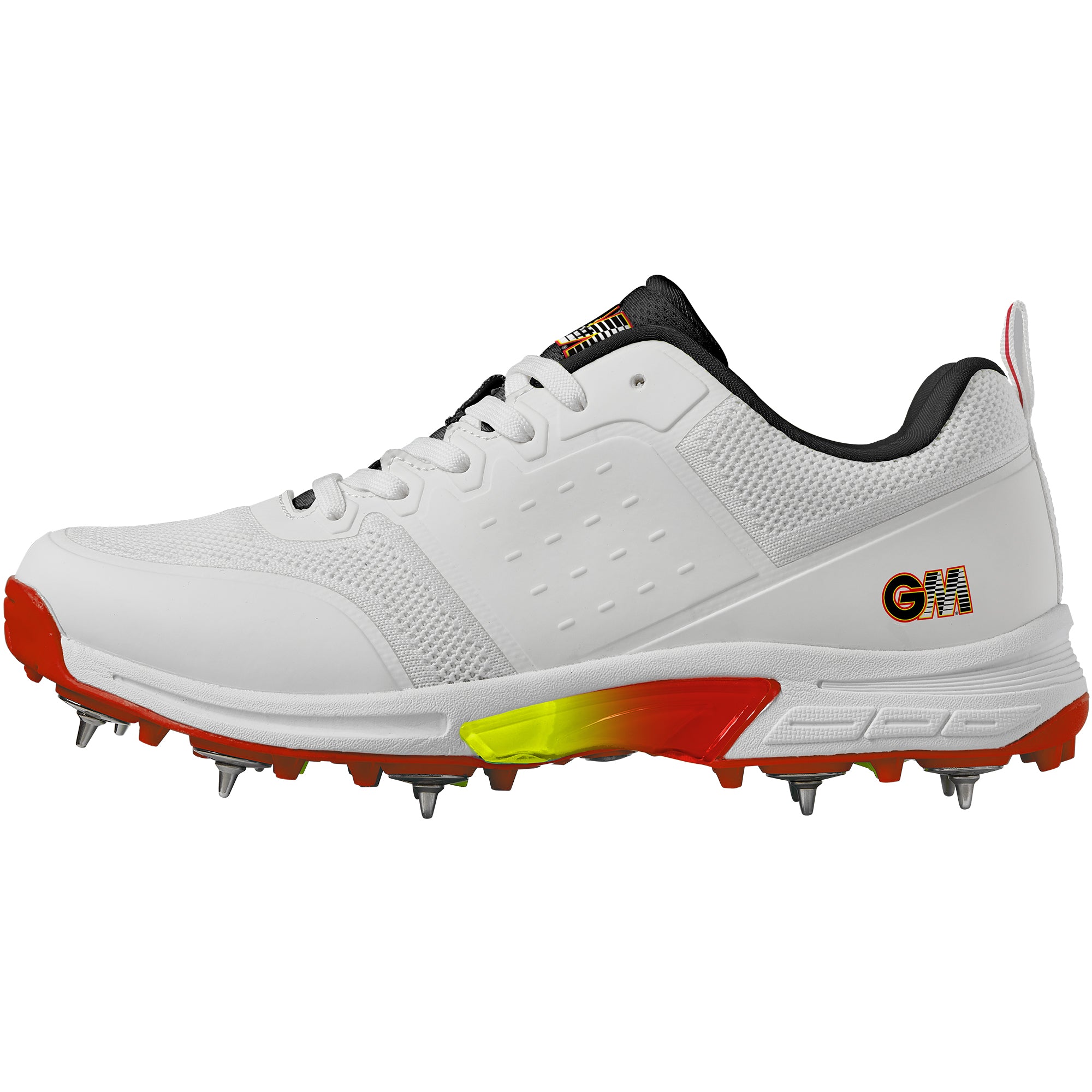 The Gunn & Moore Rival Cricket Spikes are high-performance white shoes with steel spikes, black laces and padded collar, orange-yellow gradient sole accents, red details, and a "GM" logo for a sporty, dynamic look.