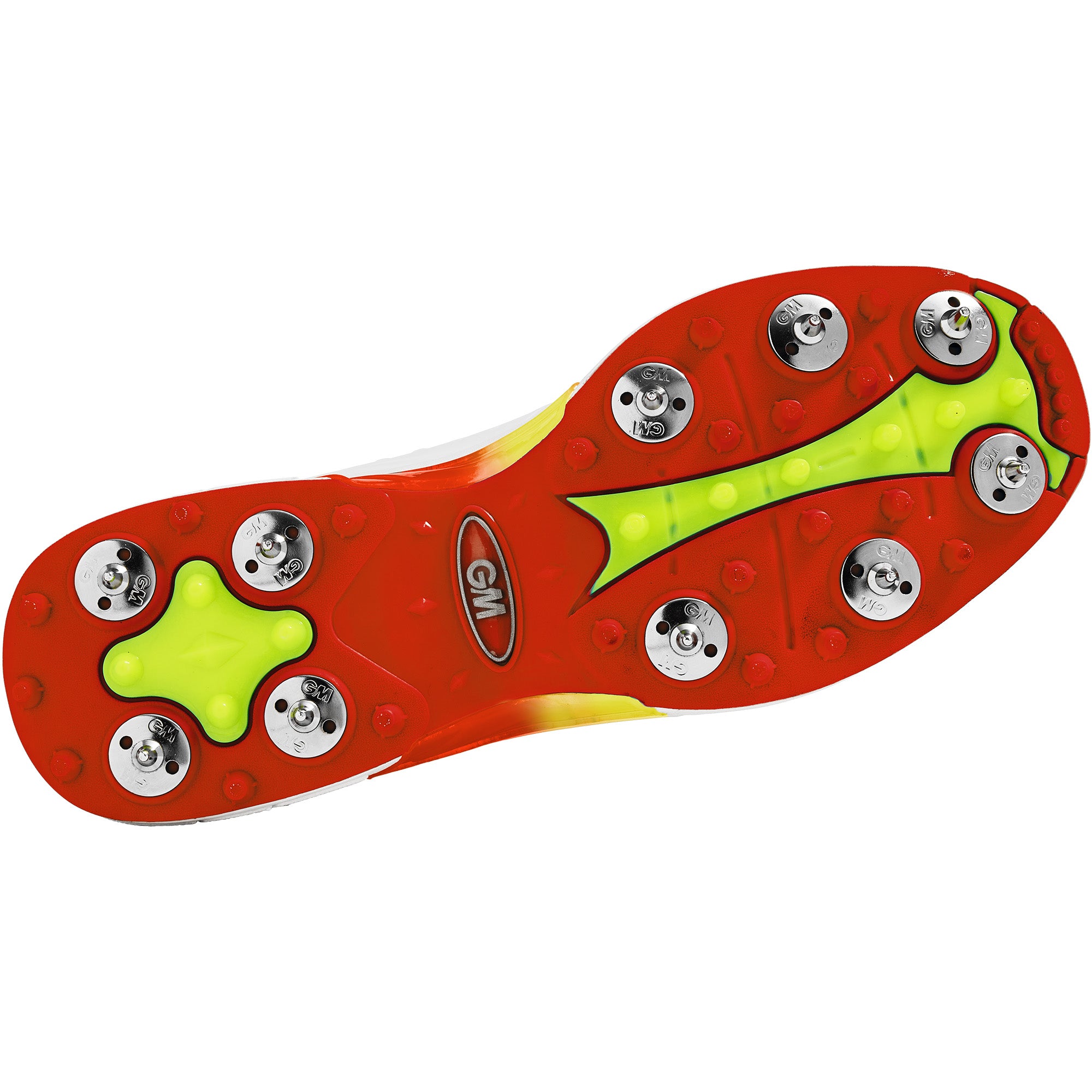 The image shows the sole of Gunn & Moore Rival Cricket Spikes by Gunn & Moore, featuring a red and yellow base with multiple steel spikes and round cleats for superior grip and traction on the field.