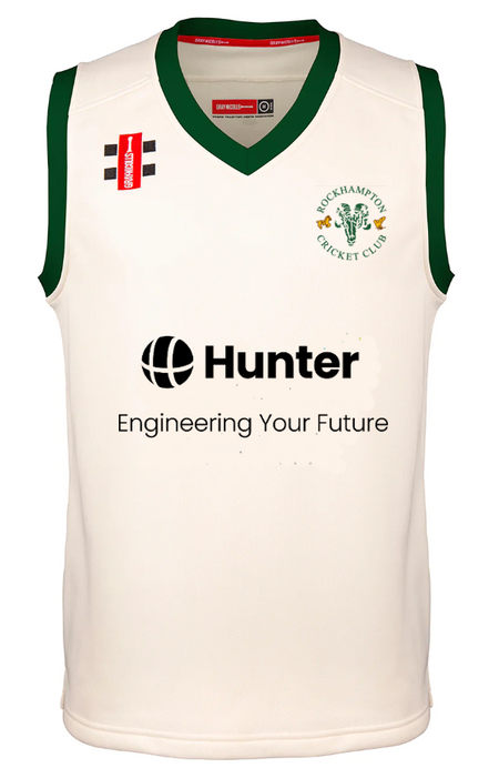 The Gray Nicolls Rockhampton CC Pro Performance Slipover - Junior is a sleeveless white polyester top with green trim, featuring the club logo, two sponsor logos including Hunter Engineering Your Future, and red and black brand labels on the chest.