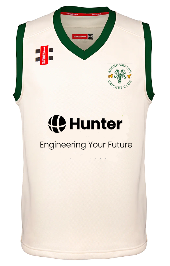 The Gray Nicolls Rockhampton CC Pro Performance Slipover - Junior is a sleeveless white polyester top with green trim, featuring the club logo, two sponsor logos including Hunter Engineering Your Future, and red and black brand labels on the chest.
