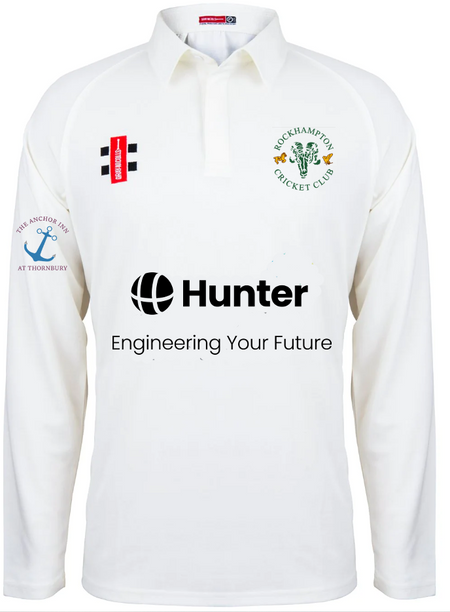 The Gray Nicolls Rockhampton CC Matrix V2 Senior Long Sleeved Playing Shirt features the club logo, sponsor logos, "Hunter Engineering Your Future" on the front, and is made from breathable sportswear fabric for comfort.