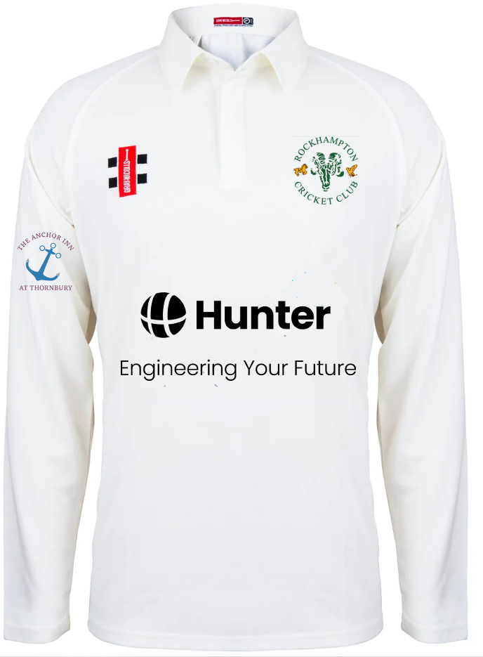 The Gray Nicolls Rockhampton CC Matrix V2 Senior Long Sleeved Playing Shirt features the club logo, sponsor logos, "Hunter Engineering Your Future" on the front, and is made from breathable sportswear fabric for comfort.
