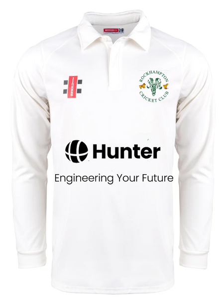 The Gray Nicolls Rockhampton CC Pro Performance V3 Long Sleeve Shirt – Junior, in white, features the Rockhampton Cricket Club logo on the chest and front sponsor logos, including Hunter Engineering Your Future.
