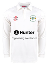 The Gray Nicolls Rockhampton CC Pro Performance Long Sleeve Shirt - Junior is a white cricket shirt featuring the club logo on the left chest, Hunter and Engineering Your Future sponsor logos on the front, and two small right chest logos.
