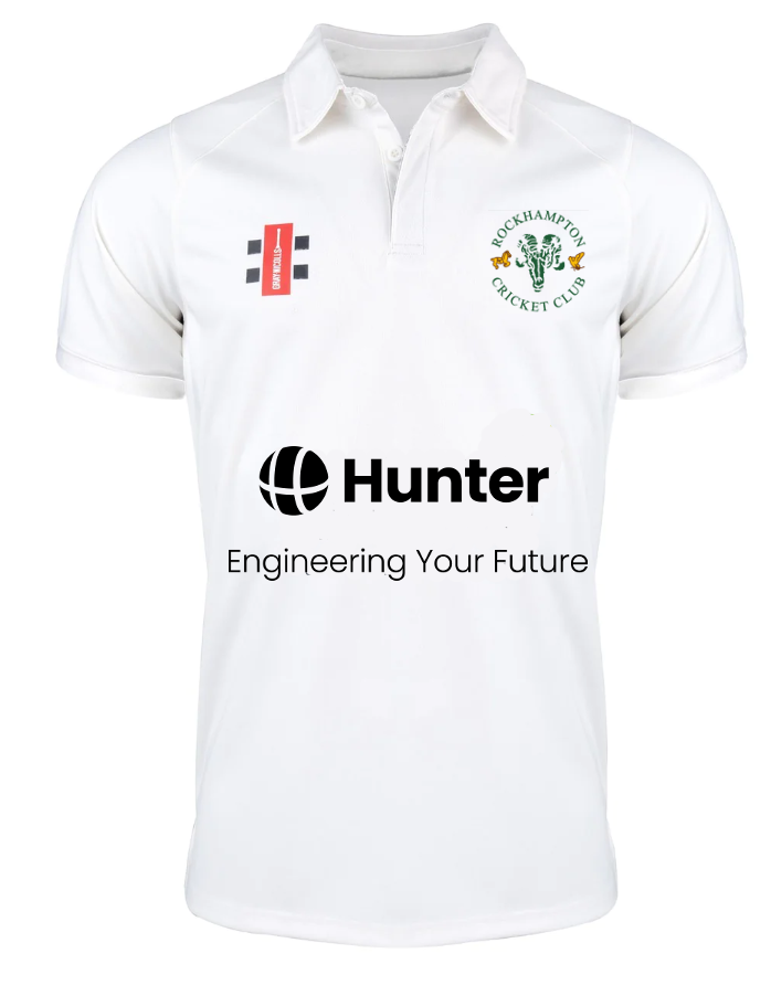 The Gray Nicolls Rockhampton CC Pro Performance Short Sleeved Shirt - Junior is white with the Rockhampton CC logo on the left chest, two rectangular logos on the right, and "Hunter Engineering Your Future" printed across the front in black.