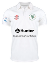 The Rockhampton CC Pro Performance V3 Short Sleeved Shirt - Senior by Gray Nicolls is a white cricket shirt with the club logo, Hunter: Engineering Your Future sponsor, sleeve details, and anti-bacterial fabric for comfort.