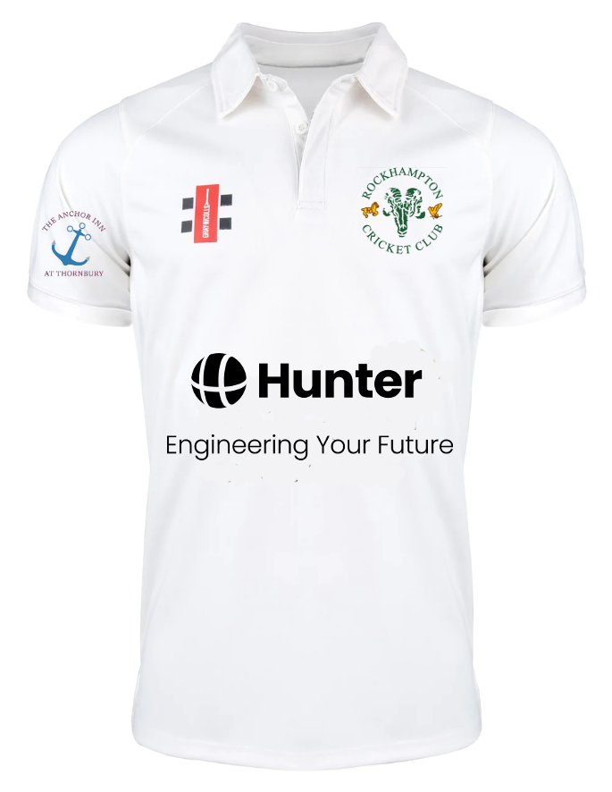 The Rockhampton CC Pro Performance V3 Short Sleeved Shirt - Senior by Gray Nicolls is a white cricket shirt with the club logo, Hunter: Engineering Your Future sponsor, sleeve details, and anti-bacterial fabric for comfort.