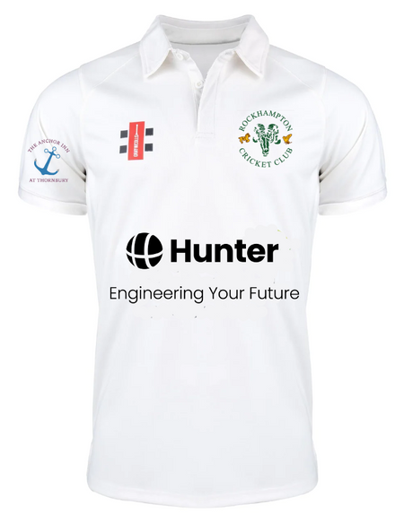 The Rockhampton CC Pro Performance V3 Short Sleeved Shirt - Senior by Gray Nicolls is a white cricket shirt with the club logo, Hunter: Engineering Your Future sponsor, sleeve details, and anti-bacterial fabric for comfort.