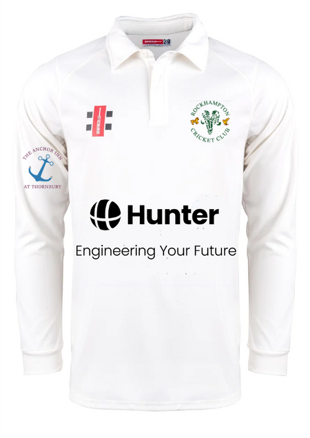 The Gray Nicolls Rockhampton CC Pro Performance V3 Long Sleeved Cricket Shirt is white, features the club logo, sponsor logos including Hunter and The Anchor Inn, plus black "Engineering Your Future" text.