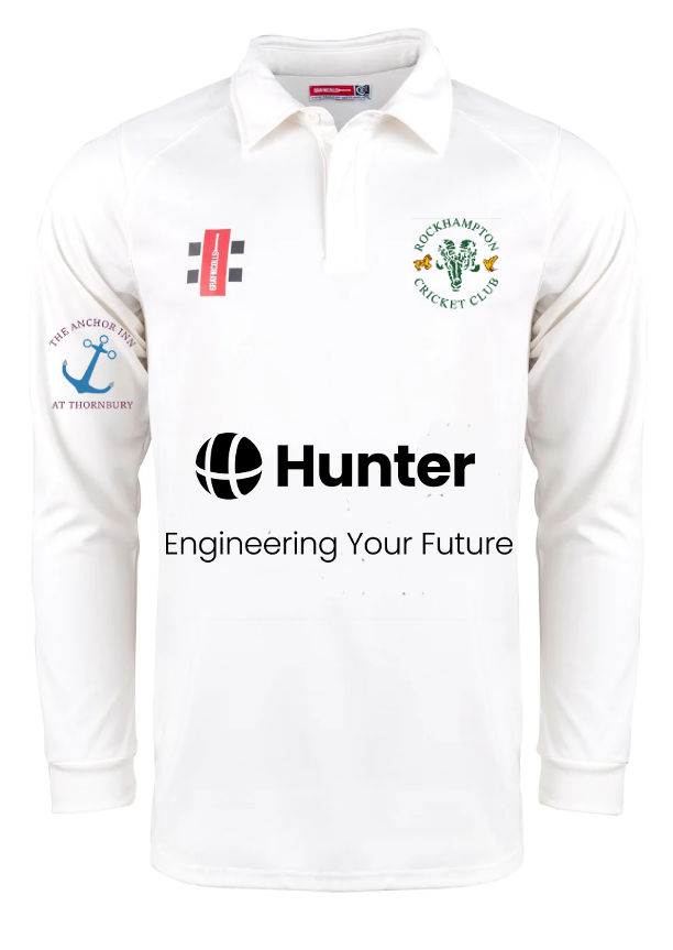 The Gray Nicolls Rockhampton CC Pro Performance V3 Long Sleeved Cricket Shirt is white, features the club logo, sponsor logos including Hunter and The Anchor Inn, plus black "Engineering Your Future" text.