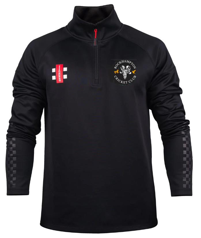 The Gray Nicolls Rockhampton CC Pro Thermo Fleece - Senior is a black 1/4 zip top with red and white logos, a yellow embroidered Rockhampton CC crest on the left chest, and checkered lower sleeves.