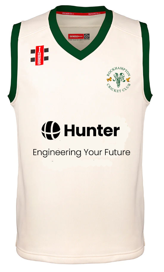 The Gray Nicolls Rockhampton CC Pro Performance Slipover - Senior is a white sleeveless cricket slipover with green trim, featuring the club logo on the chest, a Hunter sponsor logo and slogan, plus two small cricket clothing logos near the shoulders.