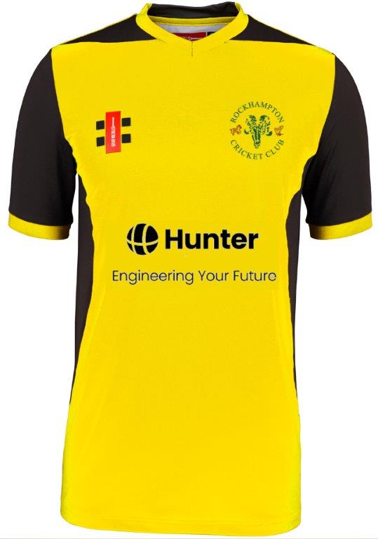 The Gray Nicolls Rockhampton CC T20 Shirt Short Sleeve features yellow and black colors, Rockhampton Cricket Club logo, Hunter and Engineering Your Future sponsor logos, plus chest sponsor patches—ideal for any cricket T20 match.