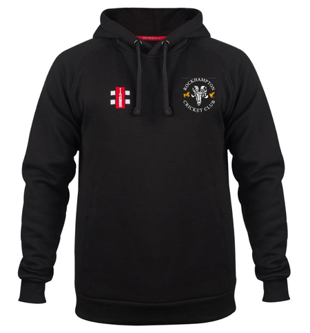 The Rockhampton CC Velocity Hoodie - Senior by Gray Nicolls features the club logo on the left chest, a small red and white logo on the right chest, plus hood drawstrings.