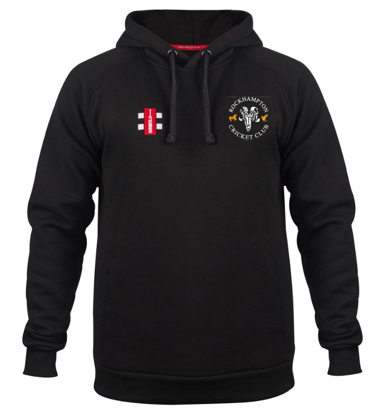 The Rockhampton CC Velocity Hoodie - Senior by Gray Nicolls features the club logo on the left chest, a small red and white logo on the right chest, plus hood drawstrings.