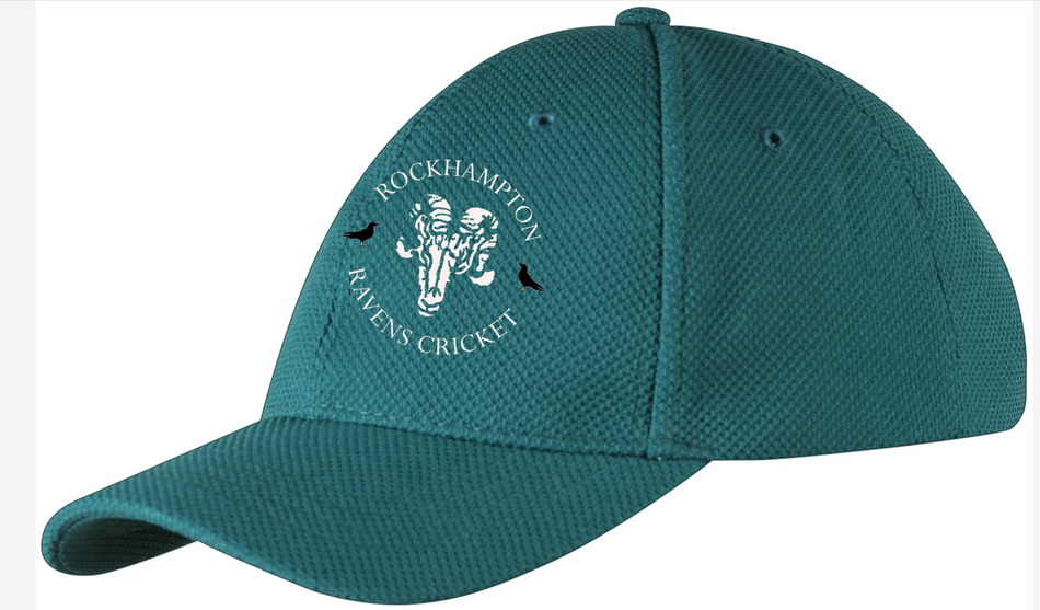 The Gray Nicolls Rockhampton Ravens CC Cricket Cap is teal and features the club logo: a white eagle head, two black ravens, and "Rockhampton Ravens Cricket" text in a circle around the graphic.