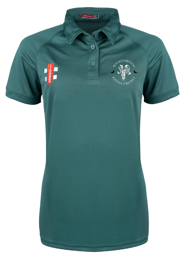The Rockhampton Ravens CC Matrix V2 Ladies Polo Shirt by Gray Nicolls is dark green with short sleeves, a collar, buttons, a white team logo on the chest, and two red sponsor patches on the front in the stylish Matrix V2 design.