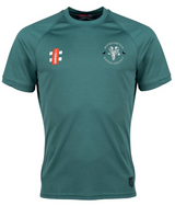 The Rockhampton Ravens CC Matrix V2 T-Shirt by Gray Nicolls is a green, short-sleeved, moisture-wicking training top with a round neck, visible seams, and features the team's cricket logo and a white-red emblem.