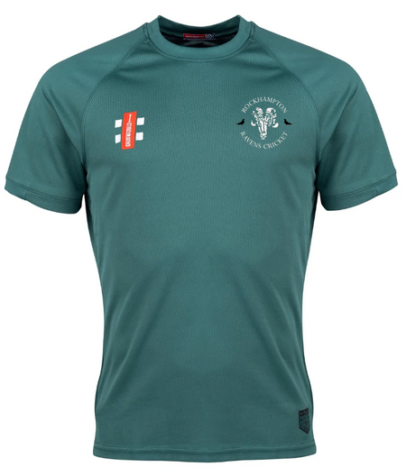 The Rockhampton Ravens CC Matrix V2 T-Shirt by Gray Nicolls is a green, short-sleeved, moisture-wicking training top with a round neck, visible seams, and features the team's cricket logo and a white-red emblem.