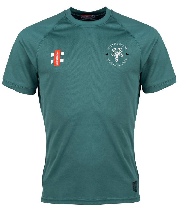 The Rockhampton Ravens CC Matrix V2 T-Shirt by Gray Nicolls is a green, short-sleeved, moisture-wicking training top with a round neck, visible seams, and features the team's cricket logo and a white-red emblem.