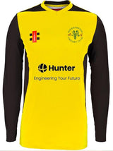 The Gray Nicolls Rockhampton CC T20 Shirt Long Sleeve is a yellow and black cricket top with the club logo and Hunter Engineering Your Future sponsor on the front—ideal as the official long sleeve T20 match shirt.