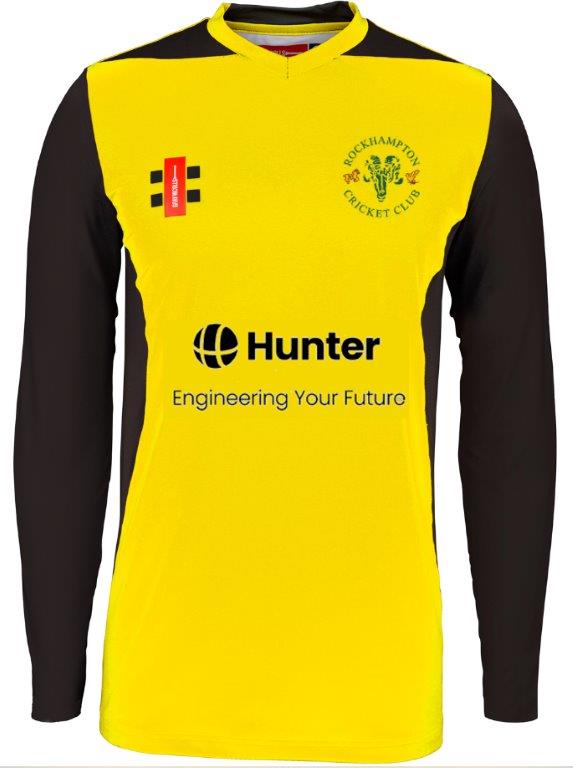 The Gray Nicolls Rockhampton CC T20 Shirt Long Sleeve is a yellow and black cricket top with the club logo and Hunter Engineering Your Future sponsor on the front—ideal as the official long sleeve T20 match shirt.