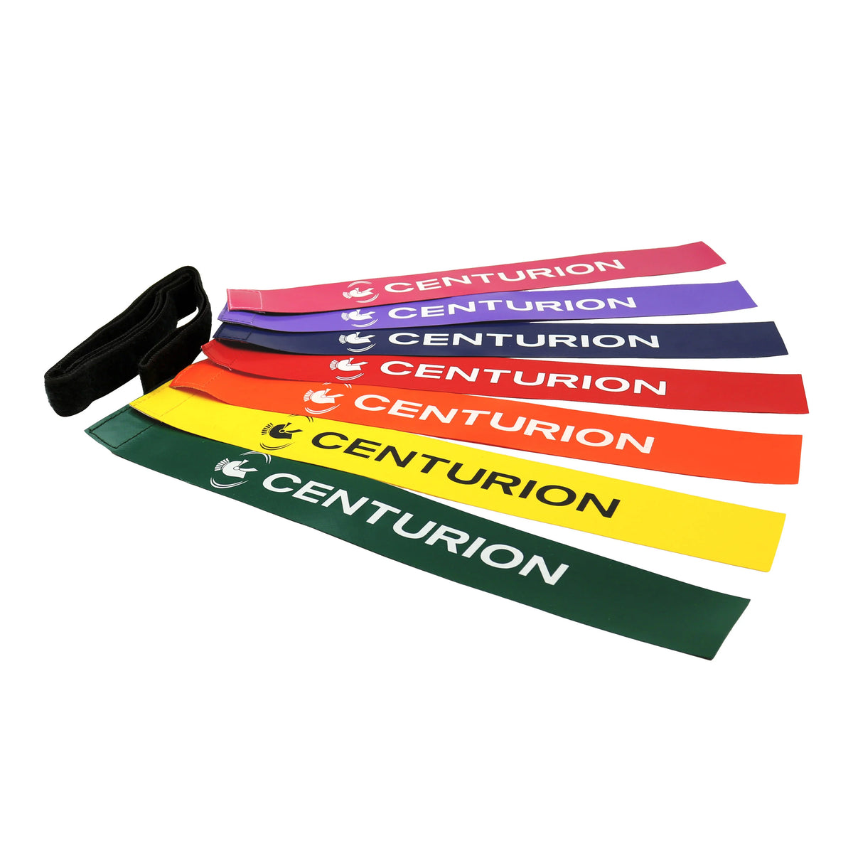 Ten colored Centurion Tag Belts by Centurion, in green, yellow, orange, red, purple, and blue, are displayed fan-shaped with a black fabric strap. Perfect as adjustable tag belts or a non-contact training aid for Tag Rugby practice.