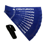 A pack of ten blue Centurion Tag Belts with white branding, displayed in a semi-circle beside a black Velcro strap—ideal adjustable belts for non-contact training sessions.