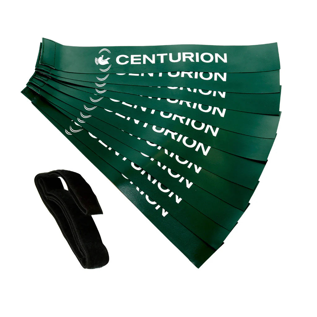 A pack of ten green Centurion Tag Belts, each printed in white and paired with a black adjustable tag belt—an ideal non-contact training aid from Centurion.