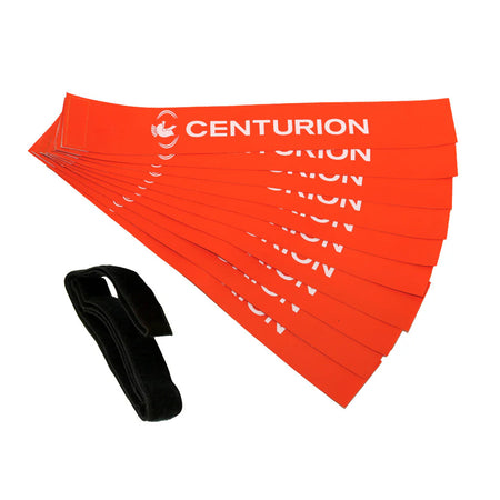 A pack of ten red Centurion Tag Belts, each with CENTURION branding and a black Velcro strap, perfect for non-contact tag rugby training, shown fanned out on a white background.