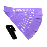 Centurion Tag Belts (Pack of Ten) by Centurion are fanned out on a white background with a black adjustable belt beside them—a perfect non-contact training aid for drills.