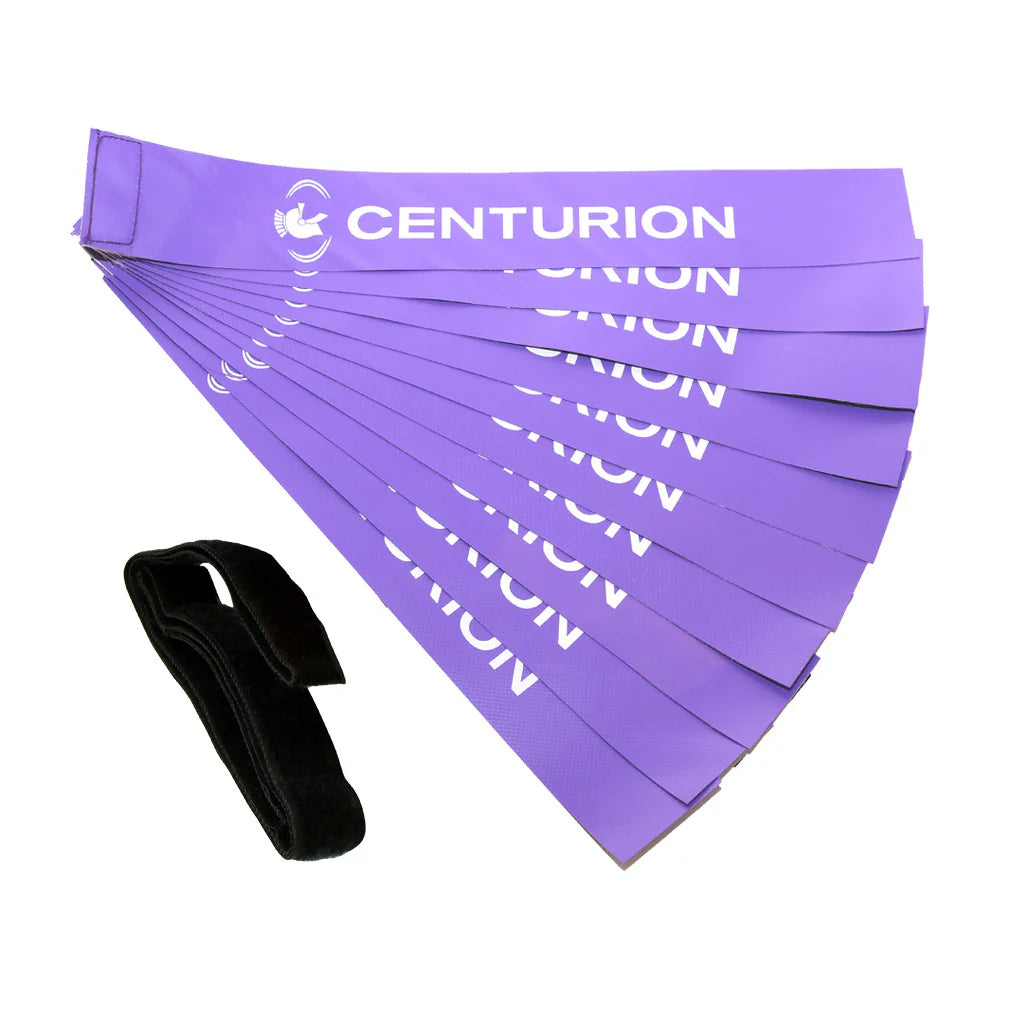 Centurion Tag Belts (Pack of Ten) by Centurion are fanned out on a white background with a black adjustable belt beside them—a perfect non-contact training aid for drills.