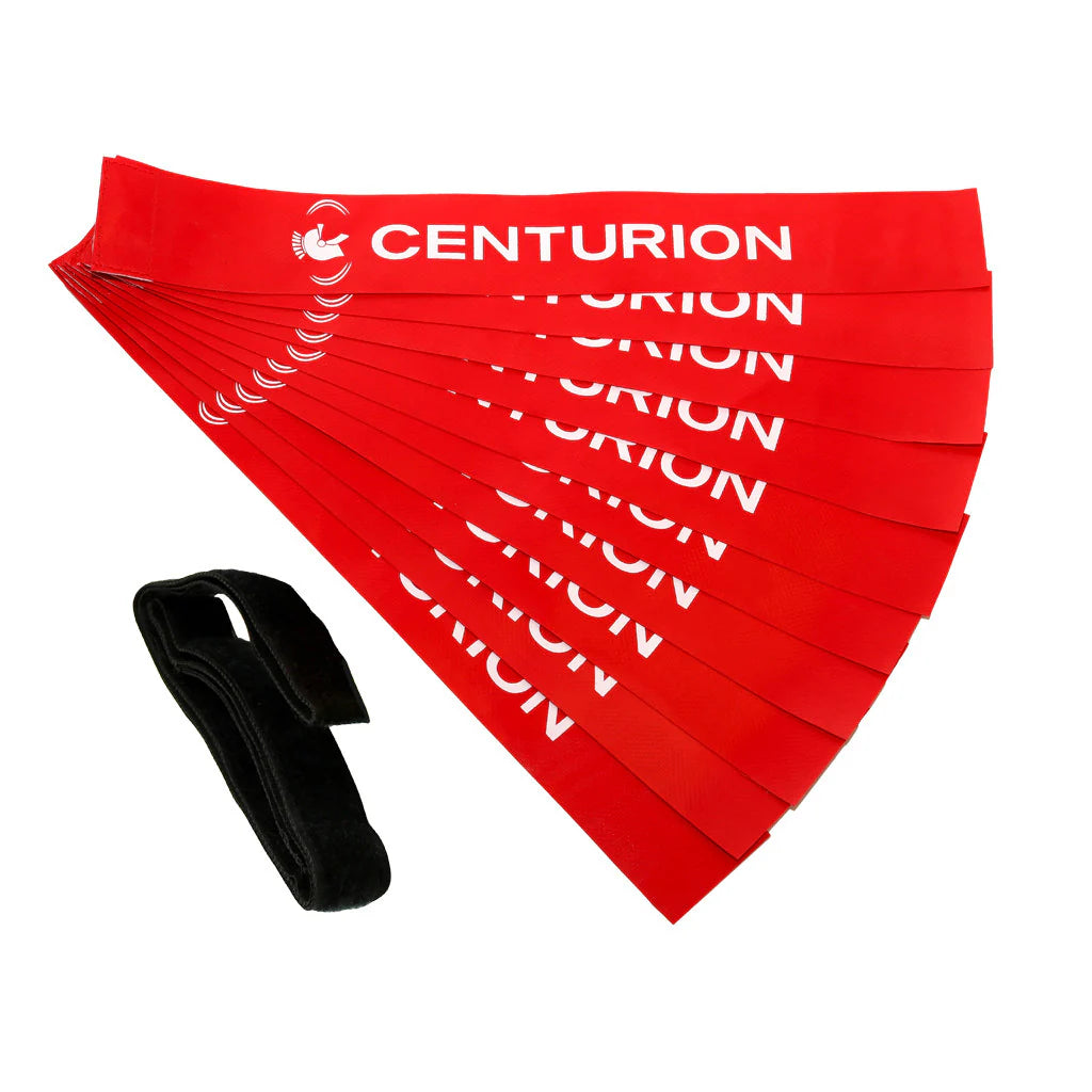 A pack of ten Centurion Tag Belts, displayed with a black strap on a white background—perfect as non-contact training aids or for use with Tag Rugby games.