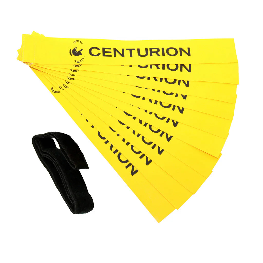 Centurion Tag Belts (Pack of Ten) feature yellow plastic tags and a black hook-and-loop strap, ideal as adjustable tag belts for non-contact rugby training.