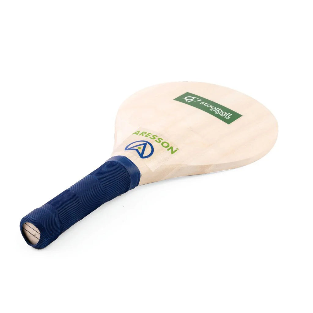 The Aresson Stoolball Bat is a wooden bat with a dark blue grip and the Aresson logo, perfect for school sports or as a stoolball bat.