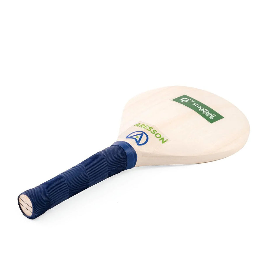 The Aresson Stoolball Bat is a round wooden bat with a blue grip and green rectangular label, branded with Aresson—perfect for school sports equipment.