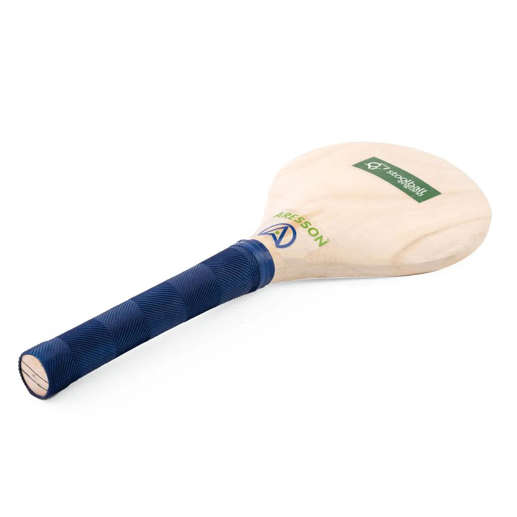 The Aresson Stoolball Bat is a wooden bat with a blue grip, featuring a green Smashball logo and yellow Aresson brand mark—ideal for school sports or as a modern alternative to the traditional stoolball bat.