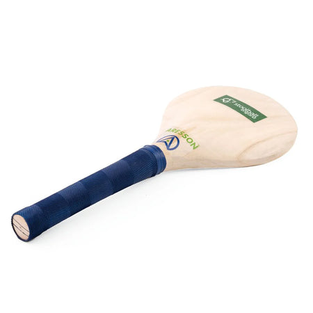 The Aresson Stoolball Bat is a wooden bat with a blue grip, featuring a green Smashball logo and yellow Aresson brand mark—ideal for school sports or as a modern alternative to the traditional stoolball bat.
