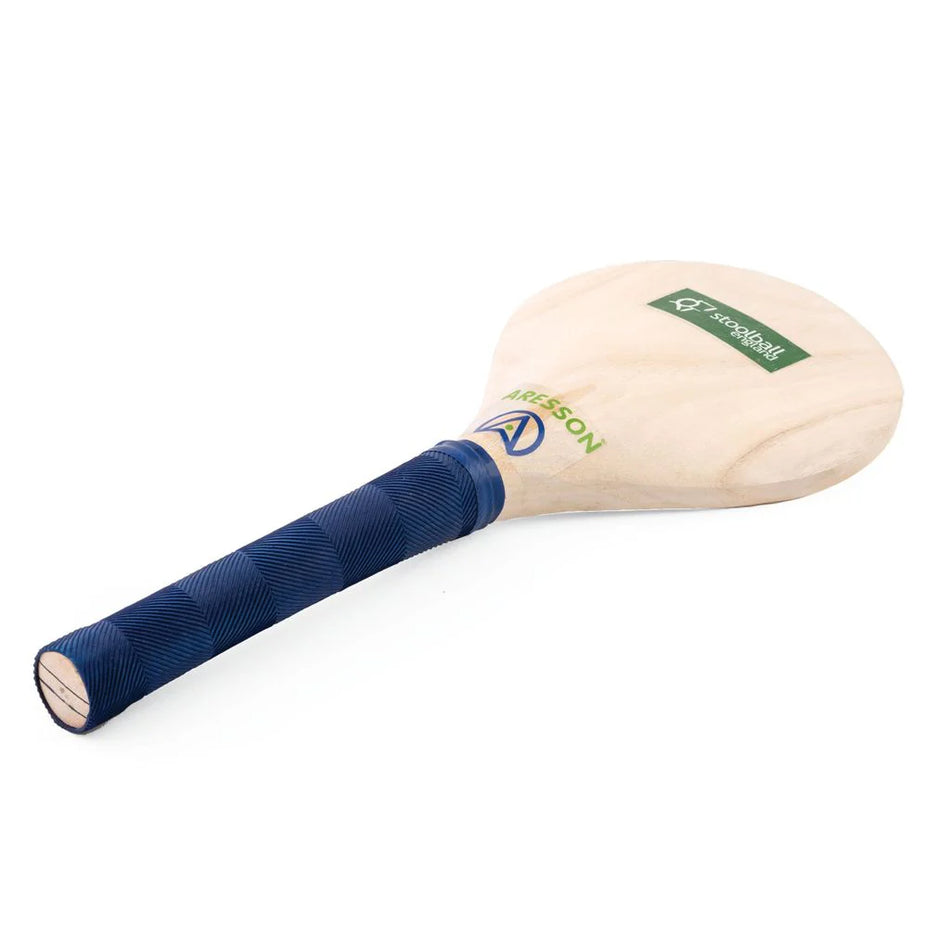 The Aresson Stoolball Bat is a wooden bat with a blue grip, featuring a green Smashball logo and yellow Aresson brand mark—ideal for school sports or as a modern alternative to the traditional stoolball bat.