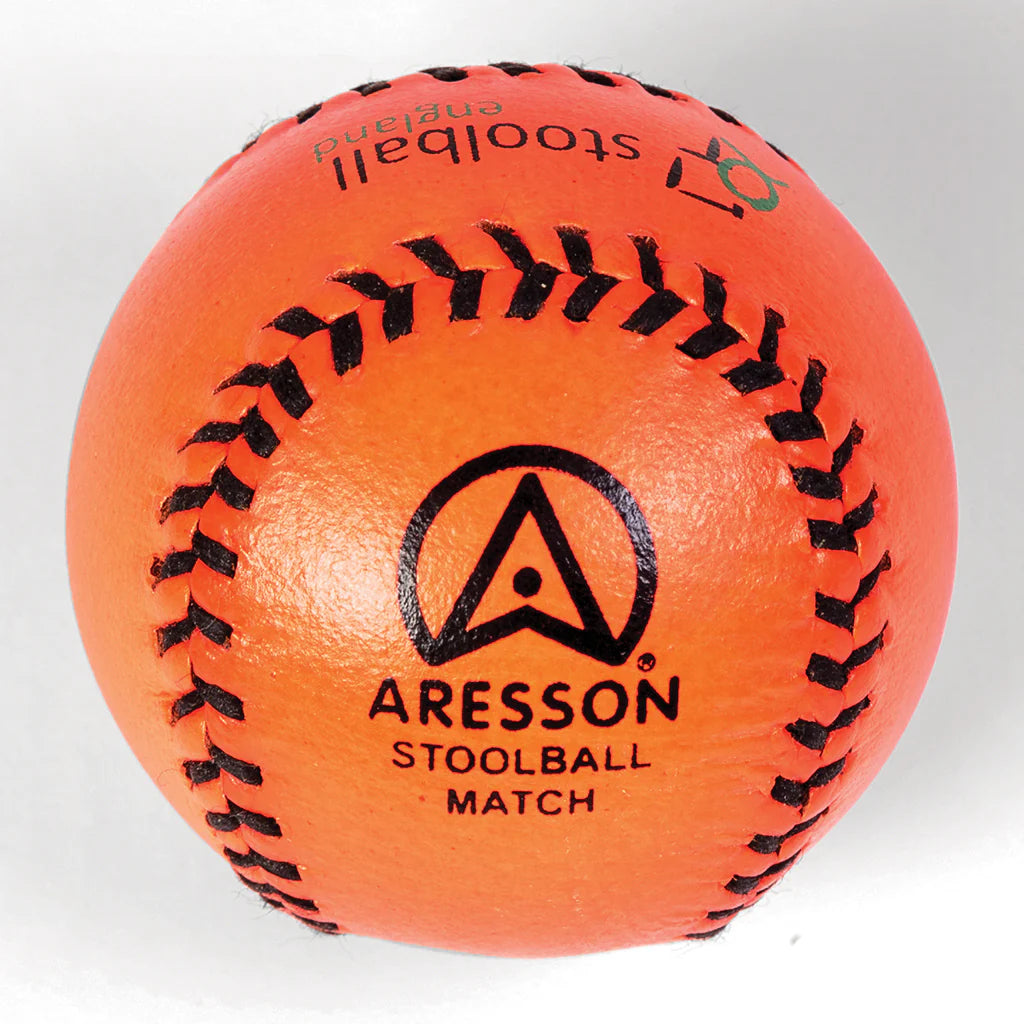 The Aresson Match Stoolball Ball is an orange ball featuring the Aresson logo, ideal for official Stoolball England matches.