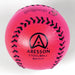 The Aresson Match Stoolball Ball in pink, featuring black stitching and a printed logo, is perfect for Stoolball England matches; pictured here against a white background.