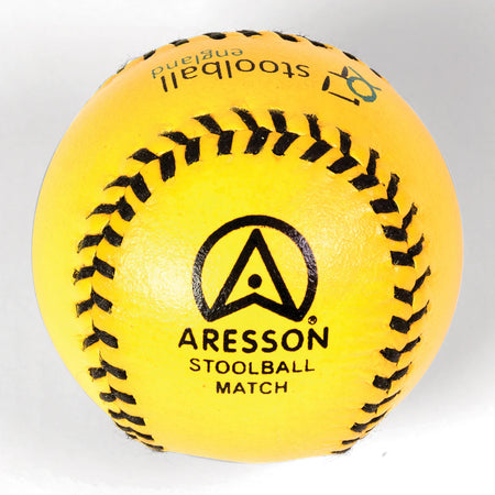 The Aresson Match Stoolball Ball, in bright yellow, is shown on a white background and is the official ball for Stoolball England matches.