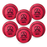 Six Aresson Softy Stoolball - Pink balls arranged in two rows, each showing the Aresson brand logo and lacing pattern—perfect for indoor stoolball games.