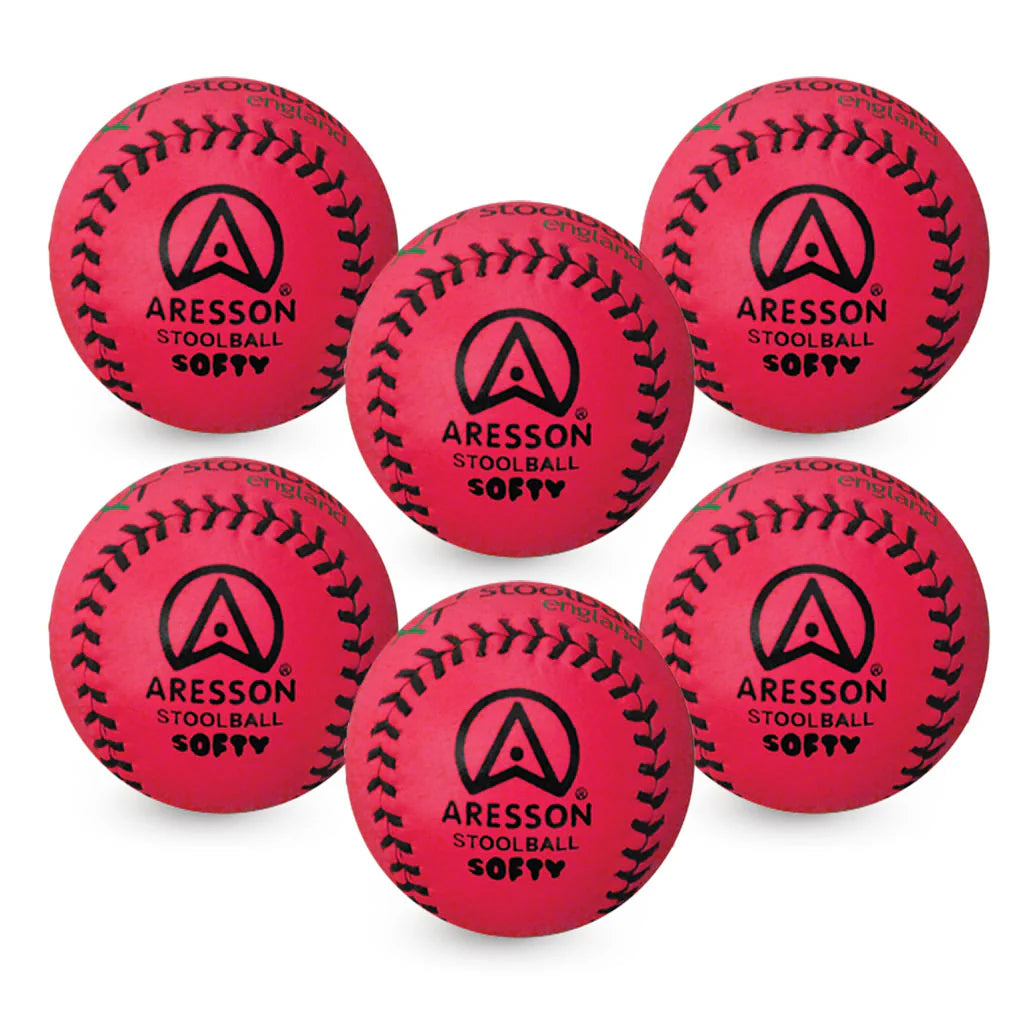 Six Aresson Softy Stoolball - Pink balls arranged in two rows, each showing the Aresson brand logo and lacing pattern—perfect for indoor stoolball games.