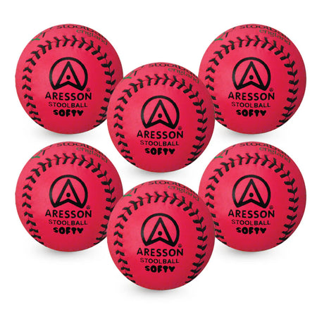 Six Aresson Softy Stoolball - Pink balls arranged in two rows, each showing the Aresson brand logo and lacing pattern—perfect for indoor stoolball games.