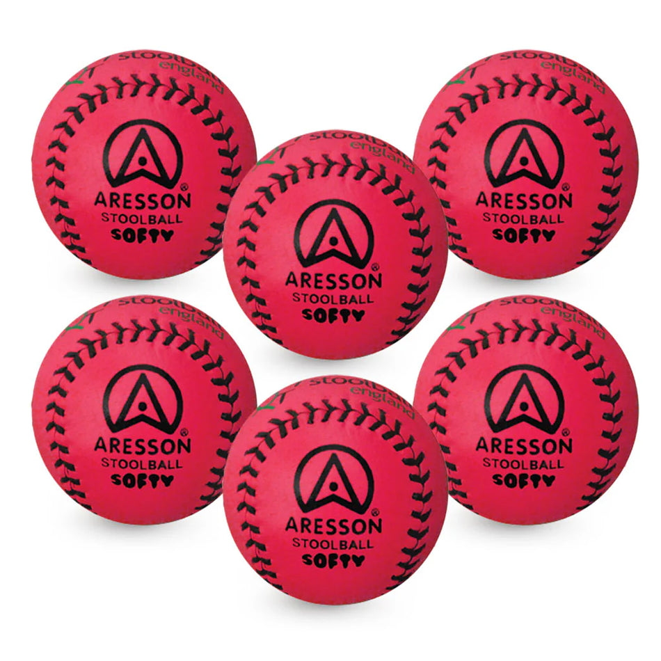 Six Aresson Softy Stoolball - Pink balls arranged in two rows, each showing the Aresson brand logo and lacing pattern—perfect for indoor stoolball games.