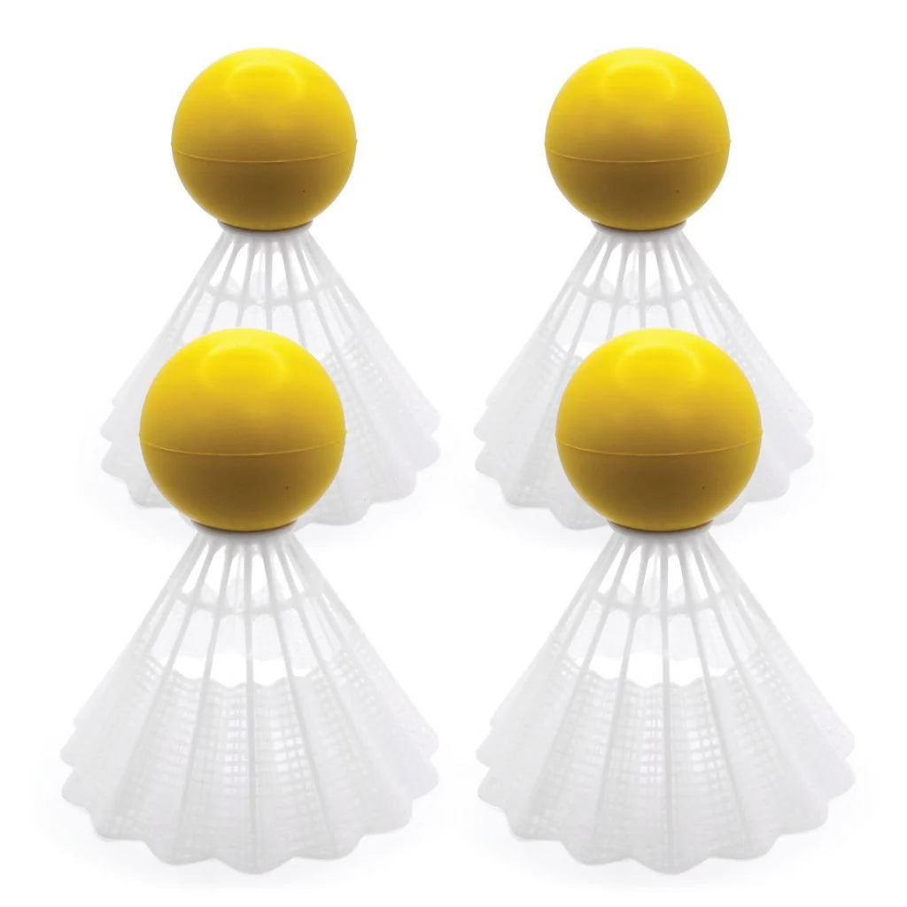 Four Bishop Sports Giant Shuttlecocks stand upright in two rows on a white background. Each features a yellow top and white plastic skirt, ideal for outdoor games that enhance hand-eye coordination.