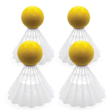 Four Bishop Sports Giant Shuttlecocks stand upright in two rows on a white background. Each features a yellow top and white plastic skirt, ideal for outdoor games that enhance hand-eye coordination.
