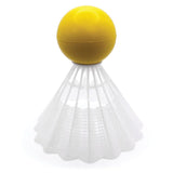 The Bishop Sports Giant Shuttlecock is a yellow plastic shuttlecock with a rounded top and white open net skirt, perfect for outdoor games. Shown against a plain background.